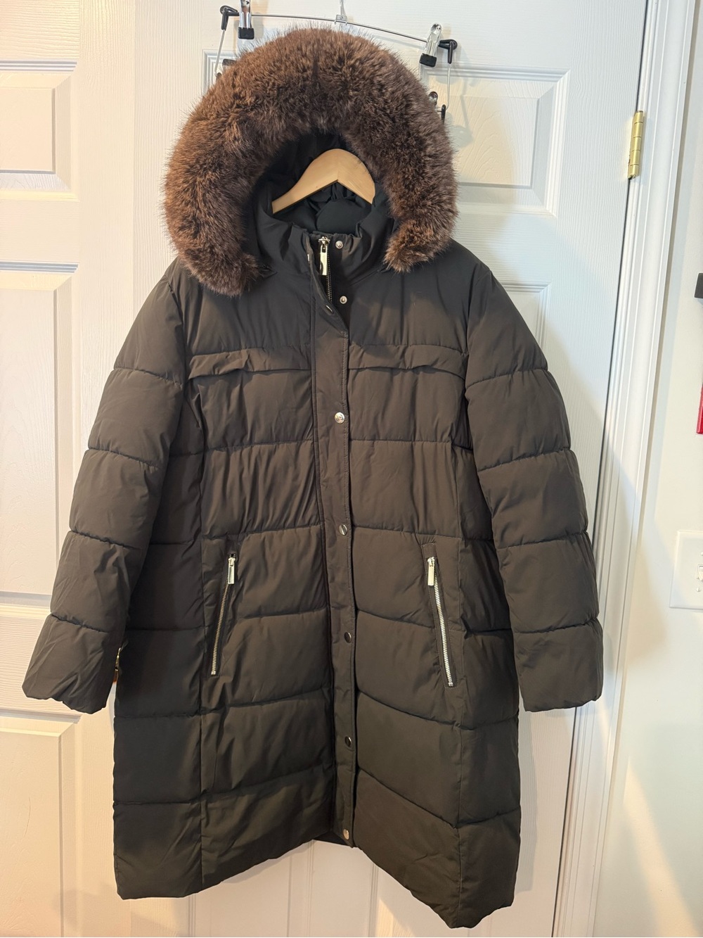 London Fog Dark Green Long Puffer Coat Faux Fur Hood XXL
